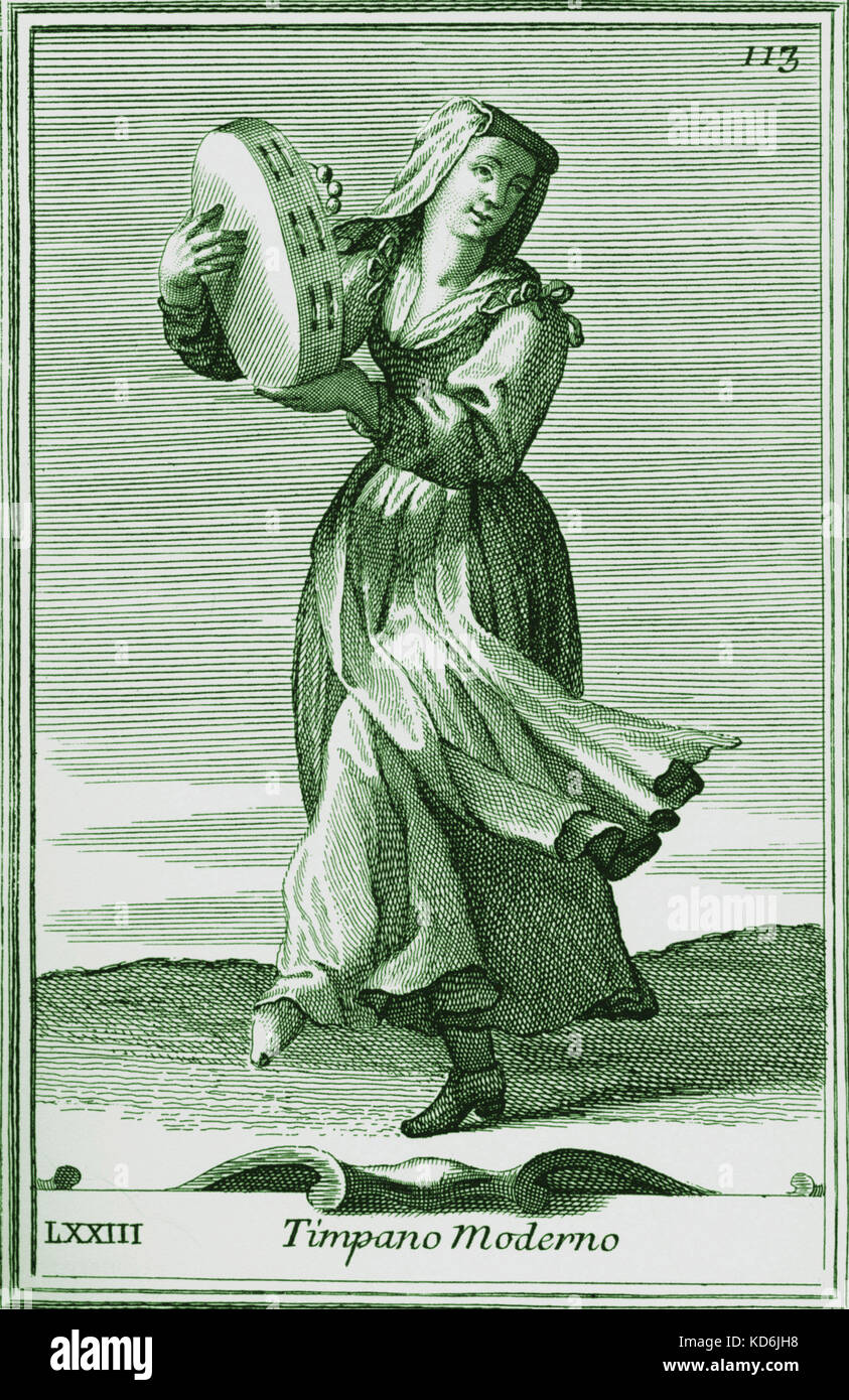 Woman playing tambourine (timpano moderno). After 18th century plate from Bonanni's 'Gabinetto Armonico'.  Illustration 73. Timpano Moderno Stock Photo