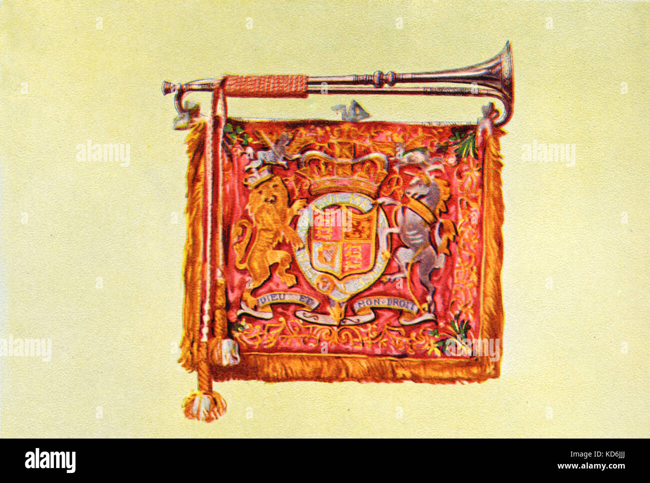 Silver state trumpet adorned with bannerets of the Royal Arms in crimson and gold.  Made during the reign of George III and now in St James Palace. Drawn by Hipkins, 1921. Stock Photo