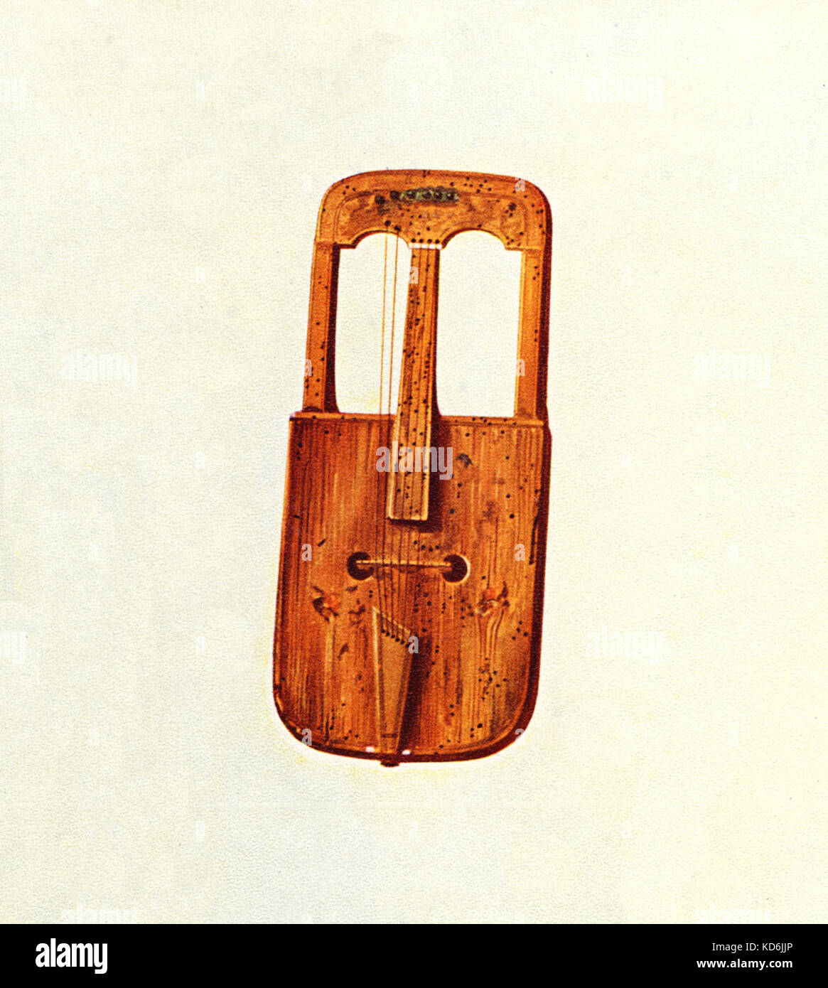 Welsh Crwth, belonging to Colonel Wynne-Finch of North Wales, dated circa 1742.  Hollowed out of single pieces of wood with the sound-board glued on.  Six strings, four are played with a bow on the finger-board and two are plucked. Drawn by Hipkins, 1921. Stock Photo