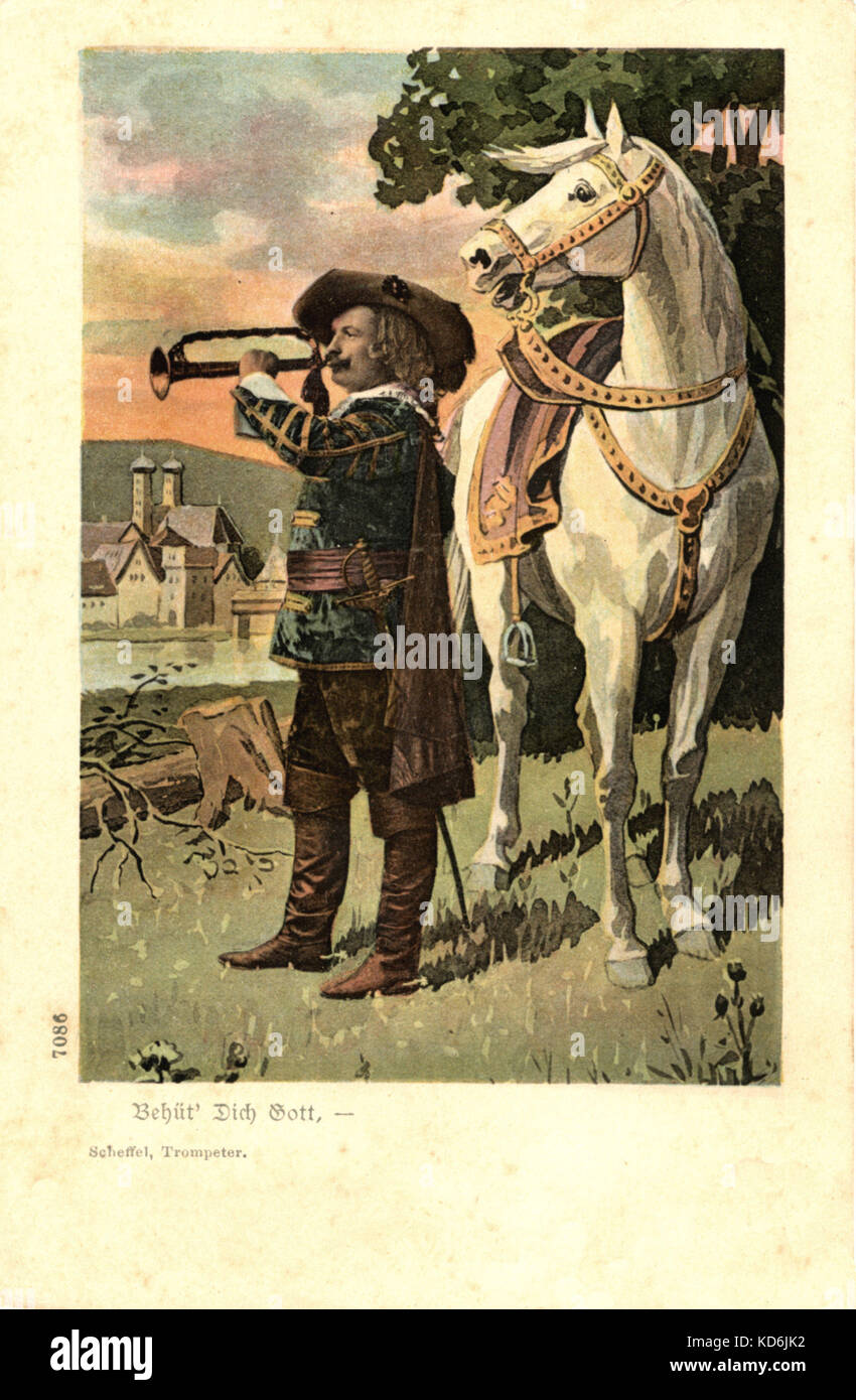 17th century trumpeter with horse in Bavarian settings. Horseman with hat and sword. Early 20th century German illustration. Stock Photo