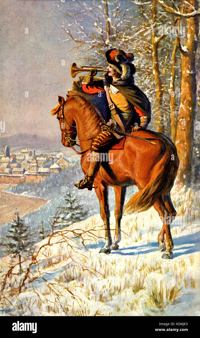 17th century trumpeter on horse back in wintery landscape covered with snow. Horseman with feather hat and sword. Early 20th century illustration. Stock Photo