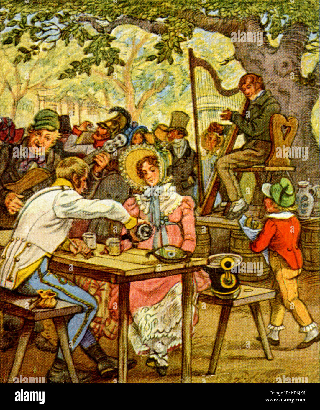 Early 19th century German scene with harpist sitting under tree in open air festival or café. Couple sitting at table. Guitarist singing for them. Stock Photo