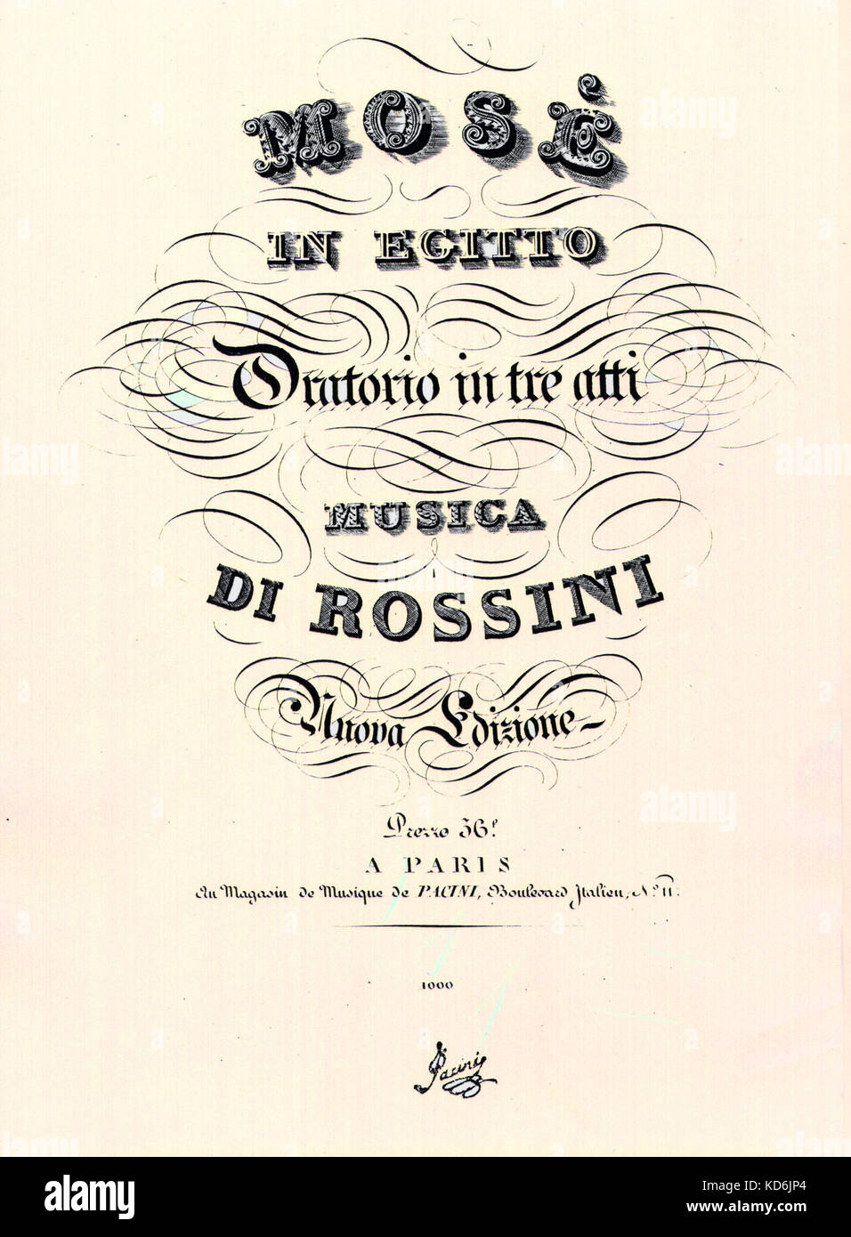 Title-page of Rossini's opera 'Mosè in Egitto' ('Moses in Egypt'), new edition of score, published a few years after original production.  Italian composer, 1792-1868. Stock Photo