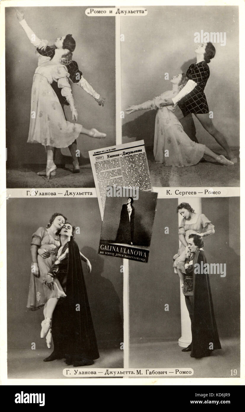 Galina Ulanova dancing in Romeo and Juliet  in the top pictures with Nicholas Sergeyev  in 1940 and Mikhail Gabovich in the bottom pictures in 1950, music by Prokofiev and libretto by Larovsky. Ulanova created the role of Juliet in 1940.  Ulanova, Soviet dancer and teacher, 1910-1998. Stock Photo
