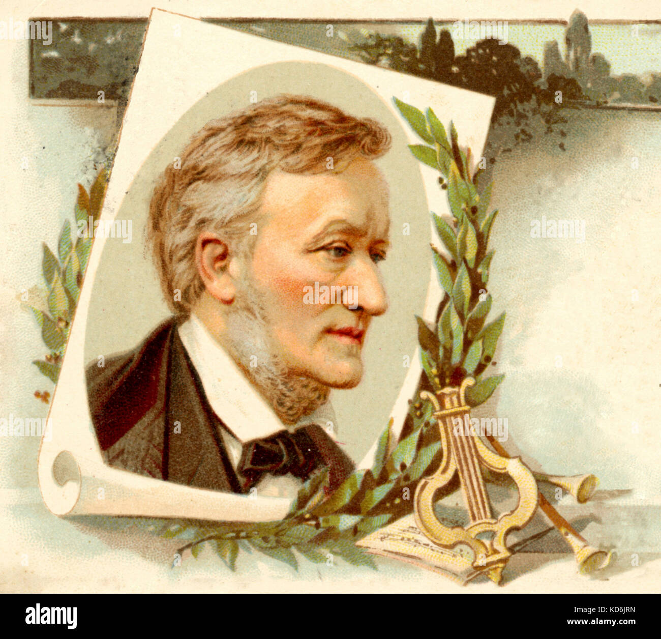 Richard Wagner, portrait.  With decorative laurel, lyre and wind instruments.  Postcard. German composer & author, 1813-1883. Stock Photo