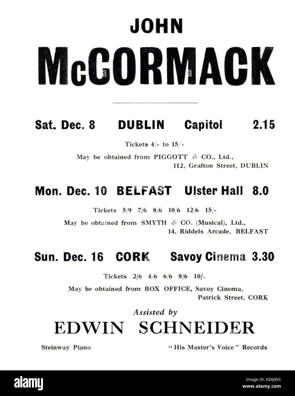 Inside page of programme for John McCormack's series of concerts. Listing of his recitals in Ireland, with Edwin Schneider at the piano, early 1930's.  Irish tenor, 1884-1945. Stock Photo