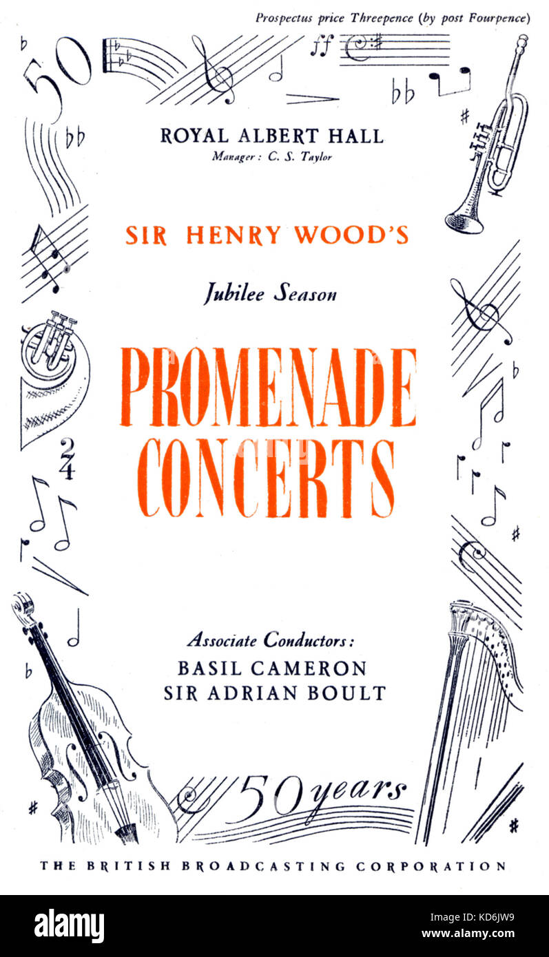 Programme cover for the 1944 BBC Proms. Promenade concerts conducted by Sir Henry Wood (on the year he died), Royal Albert Hall, London.  50th year, Jubilee Season.  H. Wood: English conductor, 1869-1944.  Illustrated with parts of staves, musical notations ans instruments. Stock Photo