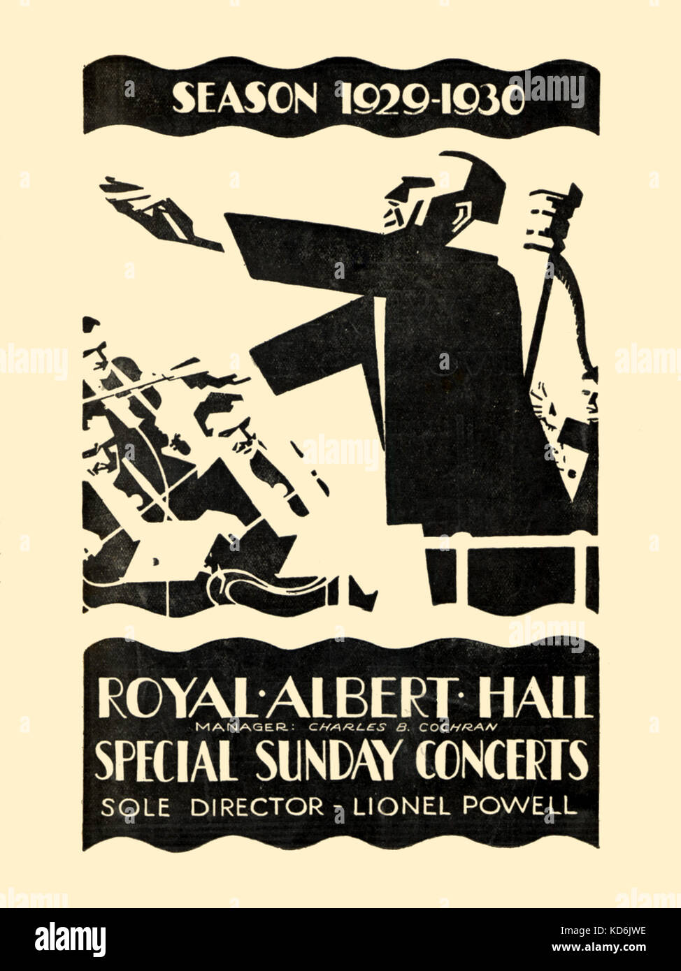 Programme cover for special Sunday concerts at the Royal Albert Hall, London. Season 1929-1930. Geometric illustration showing conductor with baton and part of orchestra.   Typical/generic conductor. Stock Photo