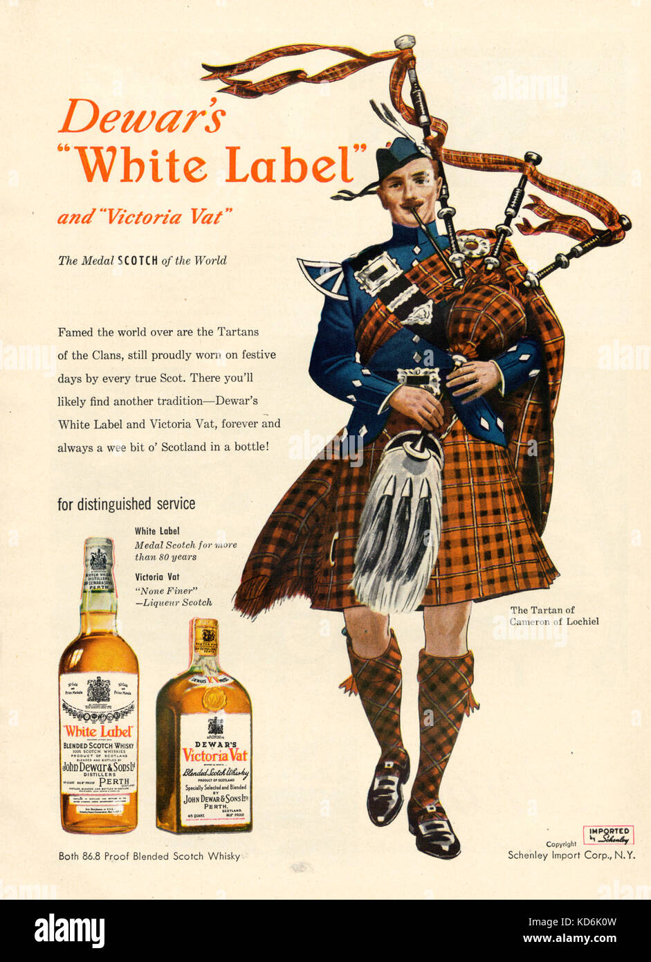 Scottish Bagpipe player in traditional costume (Tartan of Cameron of Lochiel). Advertisement page for Dewar's 'White Label' Scotch Whisky, in 31st January 1949 issue of Time Magazine. Stock Photo