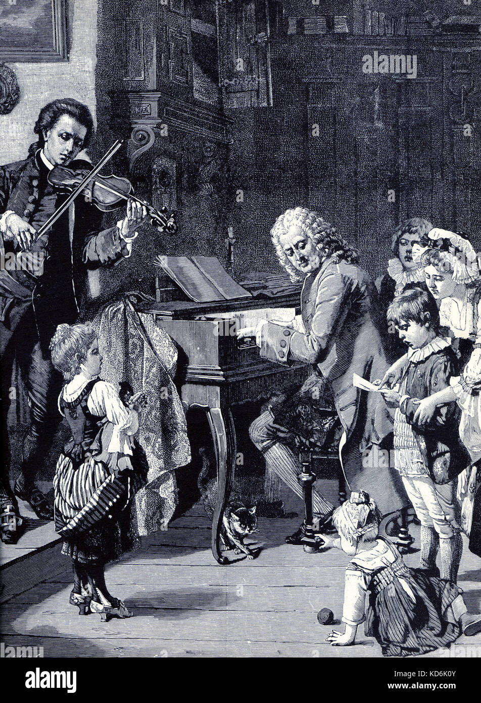 Johann Sebastian Bach at the clavichord, with his family. Woodcut. Detail from 'Morning prayer in Bach's home'. 1870 painting by Toby Edward Rosenthal, American painter (15 March 1848 – 23 December 1917). Leipzig Museum. One of Bach's sons at the violin and another one singing.  German composer & organist, 1685-1750. Stock Photo