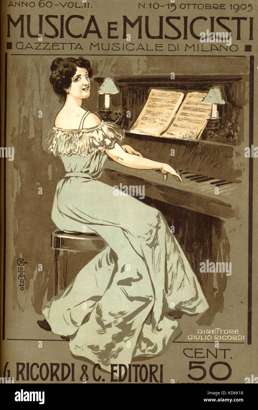 Woman at the piano. Illustration on cover of Italian magazine 'Musica e Musicisti', no.81, Milan, 1905 (the editor was Giulio Ricordi), by E. Colombo.  Upright piano. Edwardian style dress Stock Photo