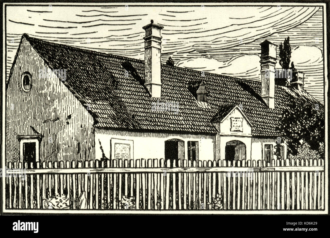 Franz Liszt's birthplace in Raiding (Doborján), Hungary. After a drawing by F. Grünes. Lithographed by T. Stadler.  Hungarian pianist and composer, 1811-1886. Stock Photo