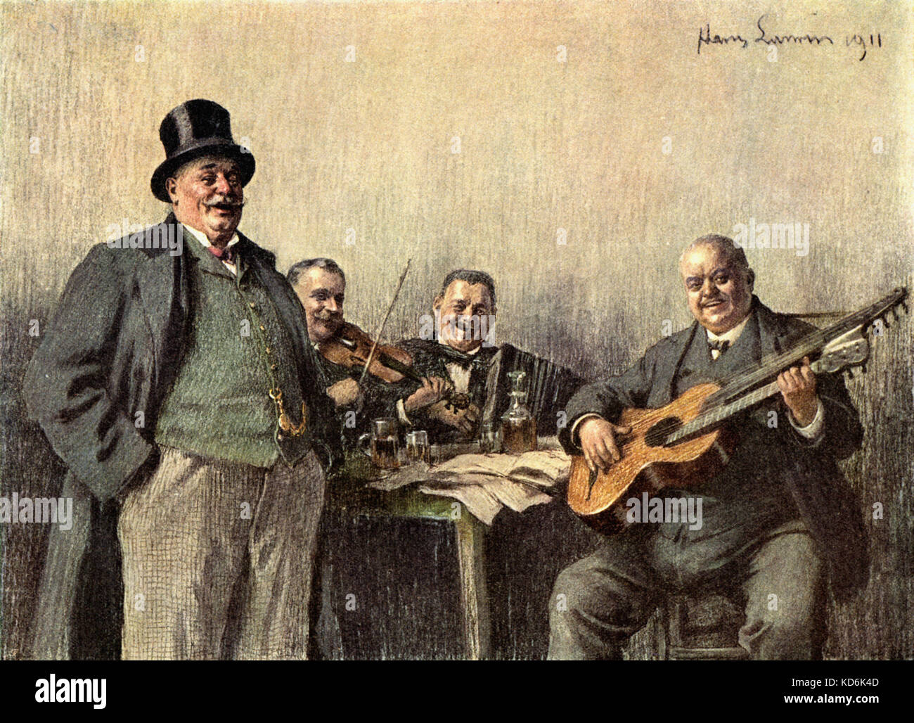 Violin (fiddle), accordion and double-necked (acoustic) guitar being played by trio in Viennese café. Early 20th century Vienna. Illustration by Hans Larwin for book of Viennese songs, entitled 'Der Wiener Liderfänger 'Schuster Franz' ' , dated 1911. Stock Photo