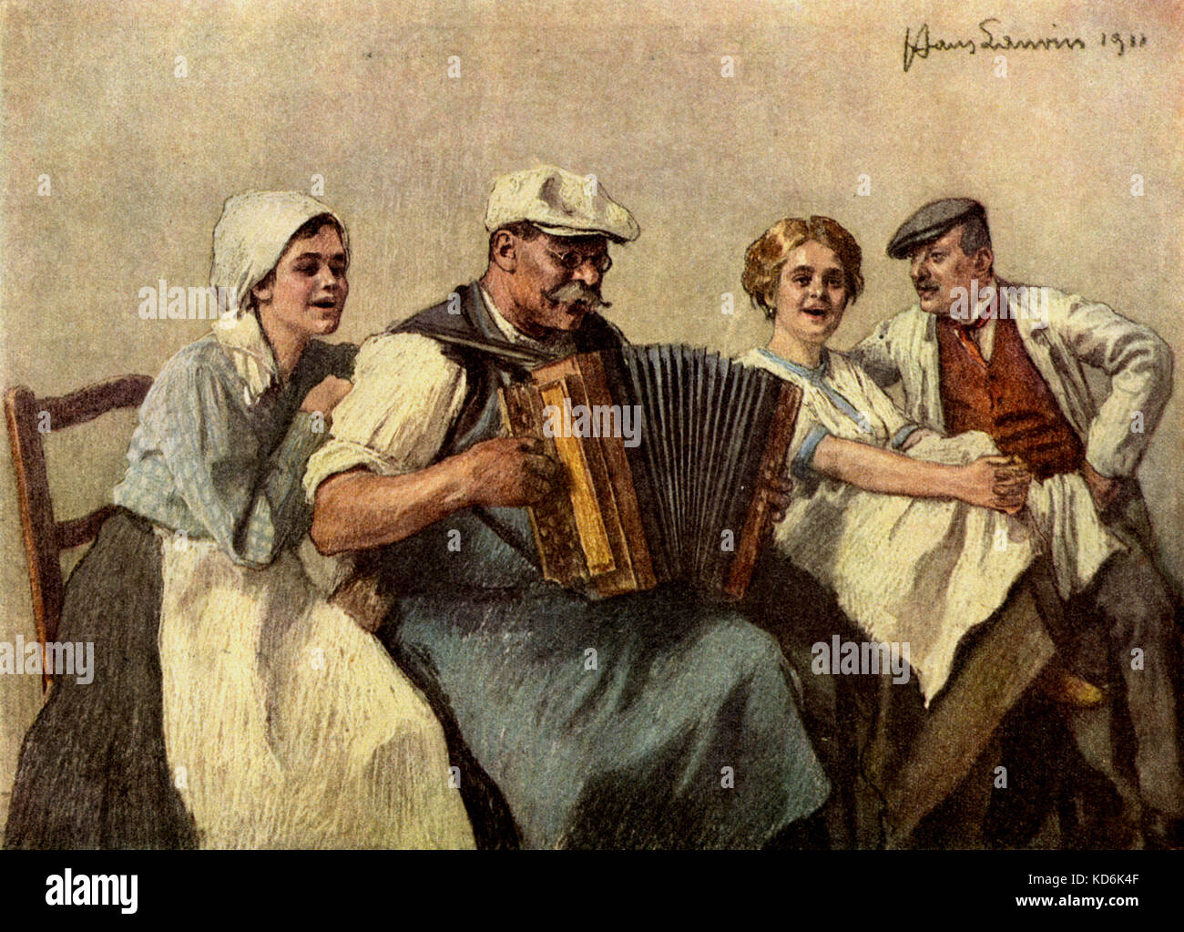 Accordionist playing for enthusiastic audience sitting next to him, in early 20th century Vienna. Illustration by Hans Larwin for Viennese book of songs, entitled 'Häusliche Musik', dated 1911. Pastel. Vienna Music Scene.  Work break? Stock Photo