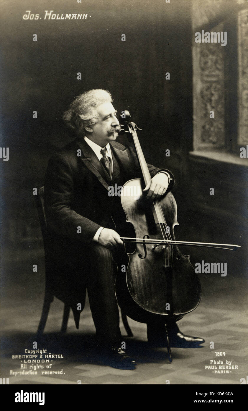 Joseph Hollman, portrait with cello. Dutch cellist, 1852-1927. Photographic postcard. Breitkopf & Härtel. Photo by Paul Berger, Paris. Stock Photo