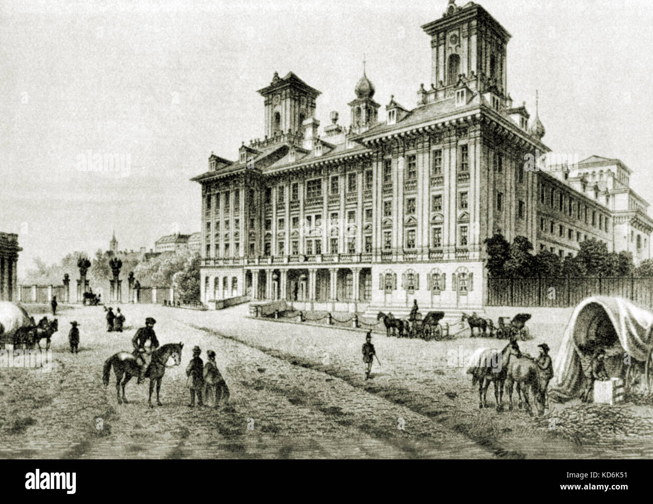 Esterházy (Esterháza) Palace in Eisenstadt, c.1840's, Austria (then part of the Kingdom of Hungary). Prince Nicolas Esterházy was Haydn's patron.  Steel engraving by C. Rohrich after L. Rohbock. Stock Photo