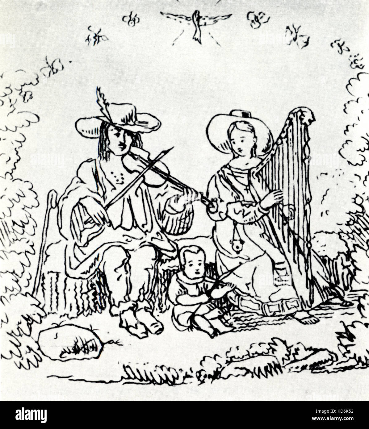 Haydn as a young child playing the violin with his father Matthias Haydn and his mother Anna ...