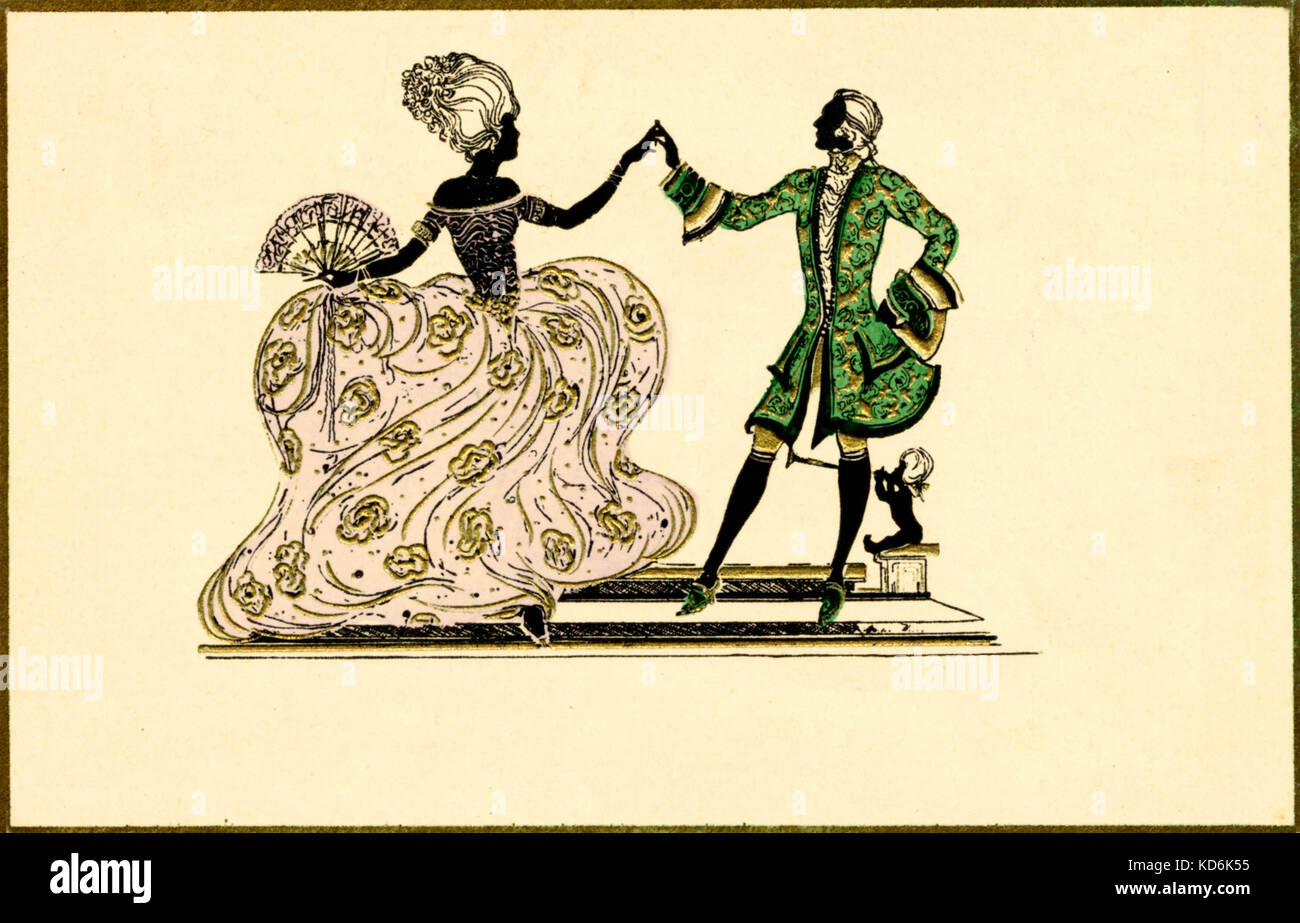 Couple dancing minuet in 18th century ball costumes.  Bach, Haydn, Handel, Mozart's time. Painted silhouette on postcard. Stock Photo
