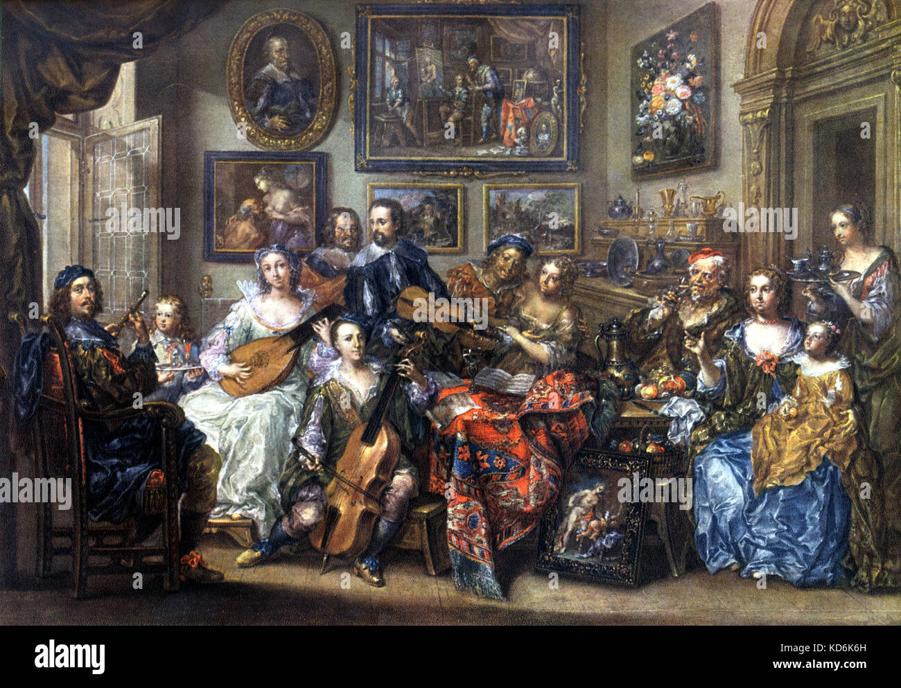 Musical gathering at home by Johann Georg Platzer 1704-1761 from Prague National Museum.  Flute, lute, cello, violin.  Classical. Stock Photo