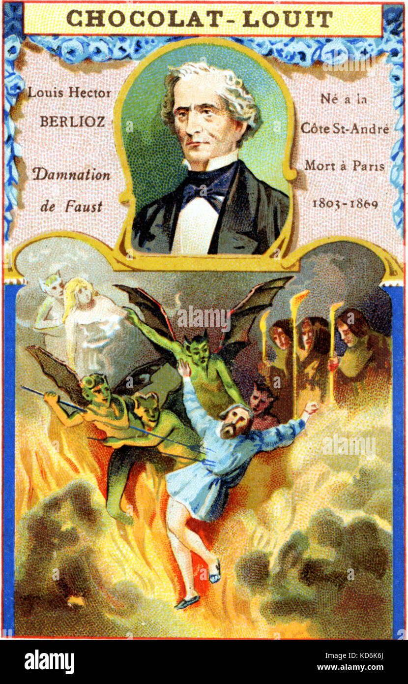 Hector Berlioz - French composer - creator of La Damnation de Faust.  Illustration of Faust and Hell reproduced on chocolate card  'Chocolat-Louit'. 1803-1869 Stock Photo - Alamy