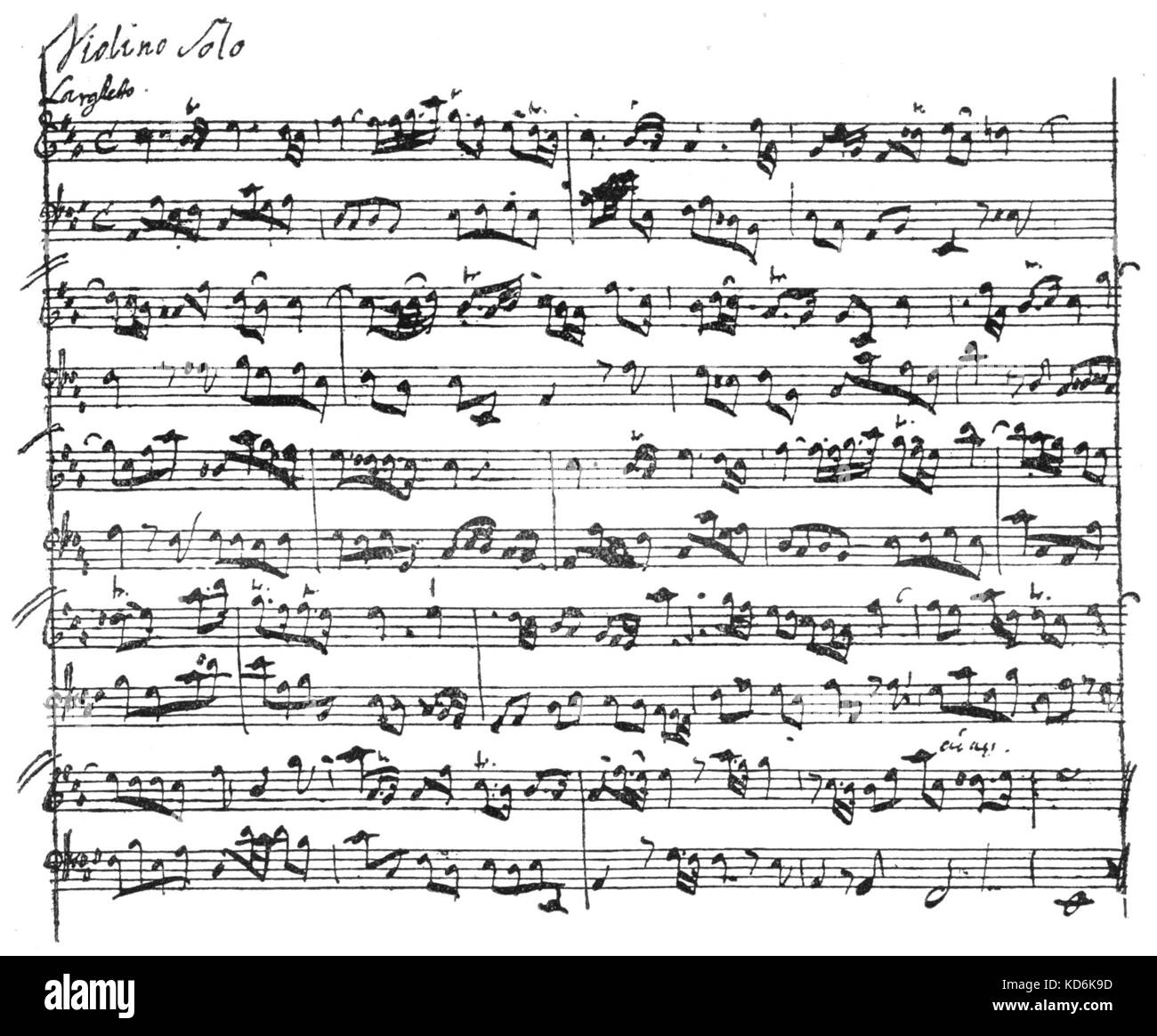 Handel's violin sonata in A-major. Larghetto. Score page in the composer's handwriting. German-English composer, 1685-1759. (B/W) Stock Photo