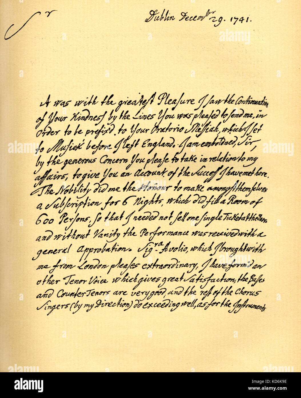 Handel's letter from Dublin to Charles Jennens who selected words from the Bible ('Isiah') for 'Messiah' oratorio. Words set to music before he left England for Ireland. Letter in English dated 29th December 1741, first page.   German-English composer, 1685-1759. Stock Photo