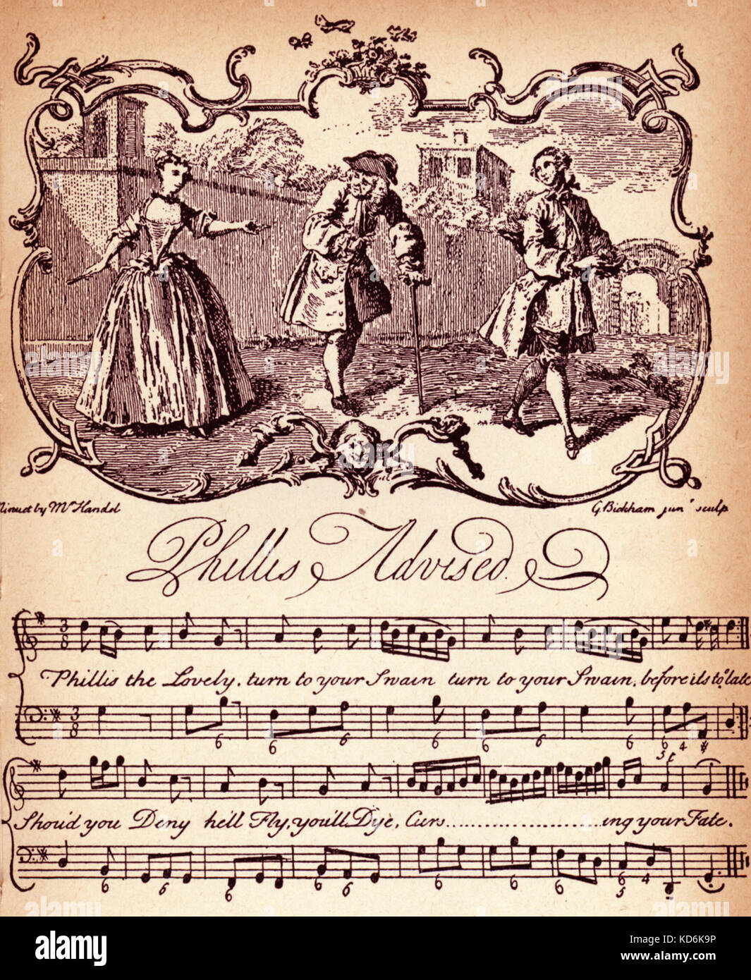 'Phillis Advised', minuet by Handel. Illustrated score page with lyrics. From Bicham's musical entertainer, 1738.   German-English composer, 1685 -1759. Stock Photo