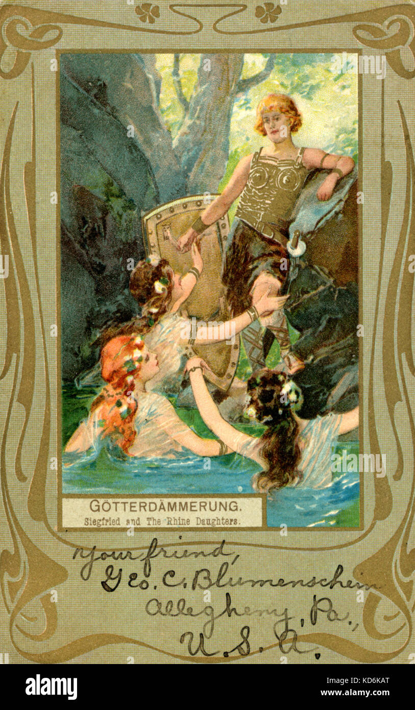 Siegfried and the Rhinemaidens from Wagner's Götterdämmerung (Twilight of the Gods) from the Ring Cycle. Rhine maiden maidens.German composer & author, 1813-1883. Der Ring des Nibelungen (The Ring of the Nibelung). Wagnerian tetralogy. Postcard Stock Photo