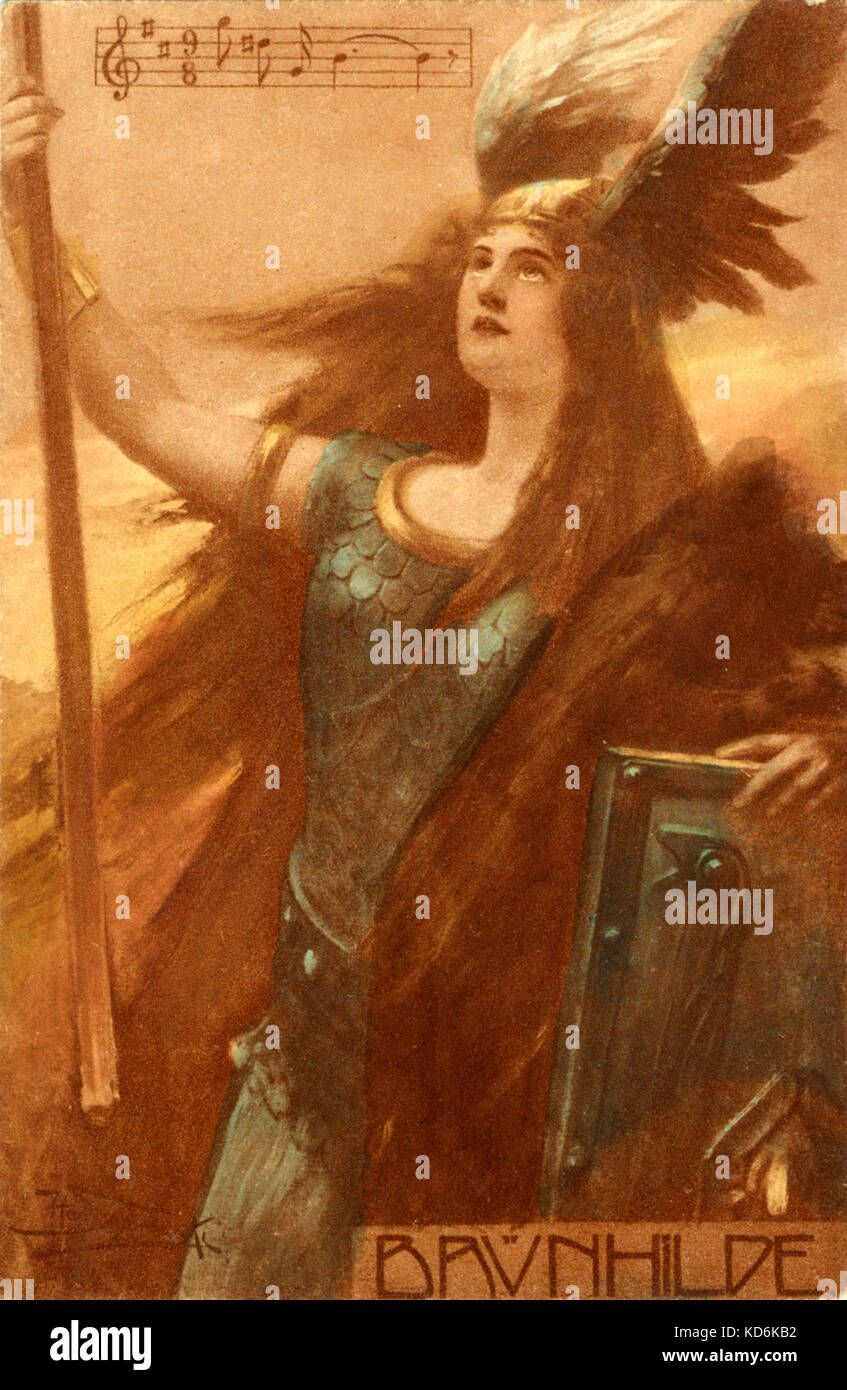 Brünhilde the Valkyrie from Wagner's Ring Cycle in an early 20th century postcard with a score excerpt from The Ring Cycle. German composer & author, 1813-1883 Walkure  . Valkyrie, Nibelungen. Stock Photo