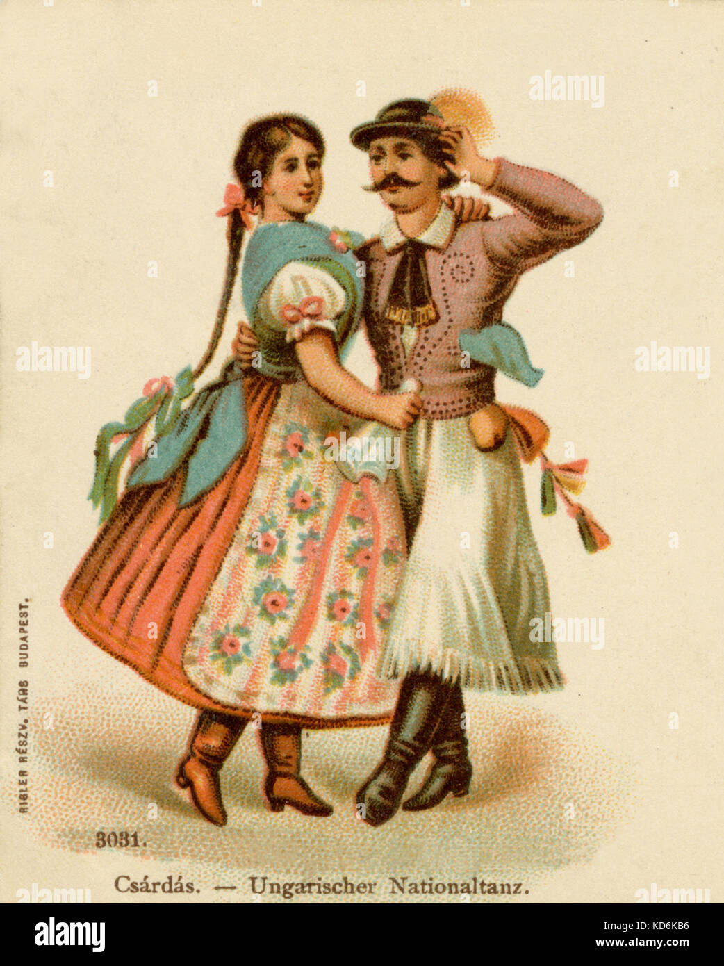 Couple dancing Hungarian national dance, in traditional costume.  Late 19th/early 20th century painted postcard (posted April 1900). Stock Photo