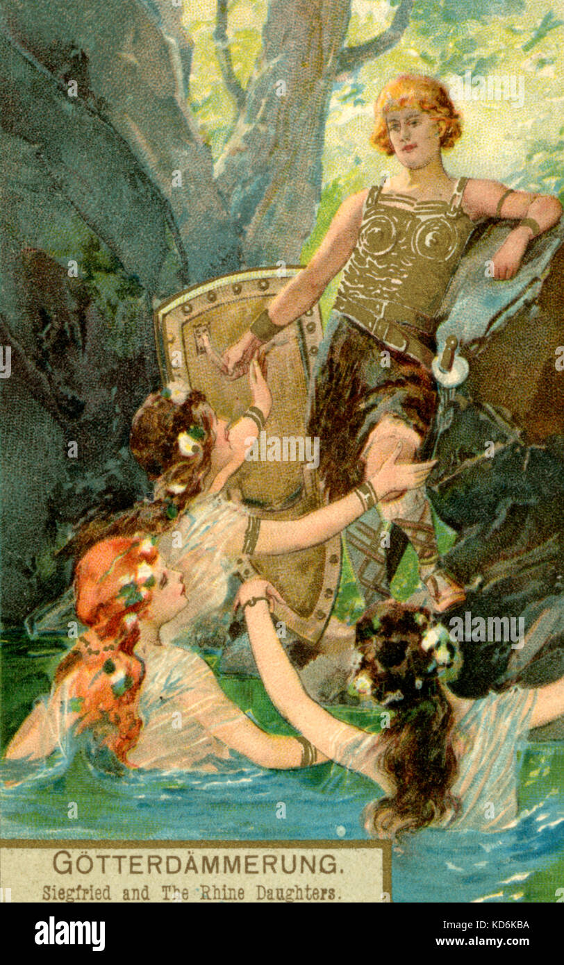 Siegfried and the Rhinemaidens from Wagner's Götterdämmerung (Twilight of the Gods) in  the Ring Cycle.  Rhine maiden maidens. German composer & author, 1813-1883. Der Ring des Nibelungen (The Ring of the Nibelung). Wagnerian tetralogy. Postcard Detail. Stock Photo