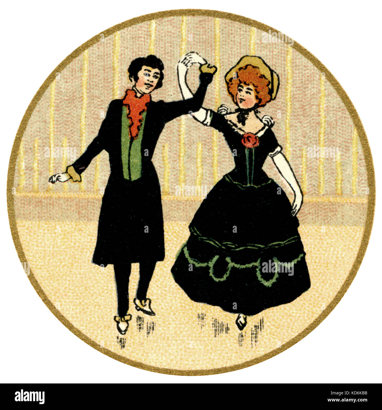 Couple dancing a minuet, in 19th century costume. Illustration. Early 20th century painted postcard. Stock Photo