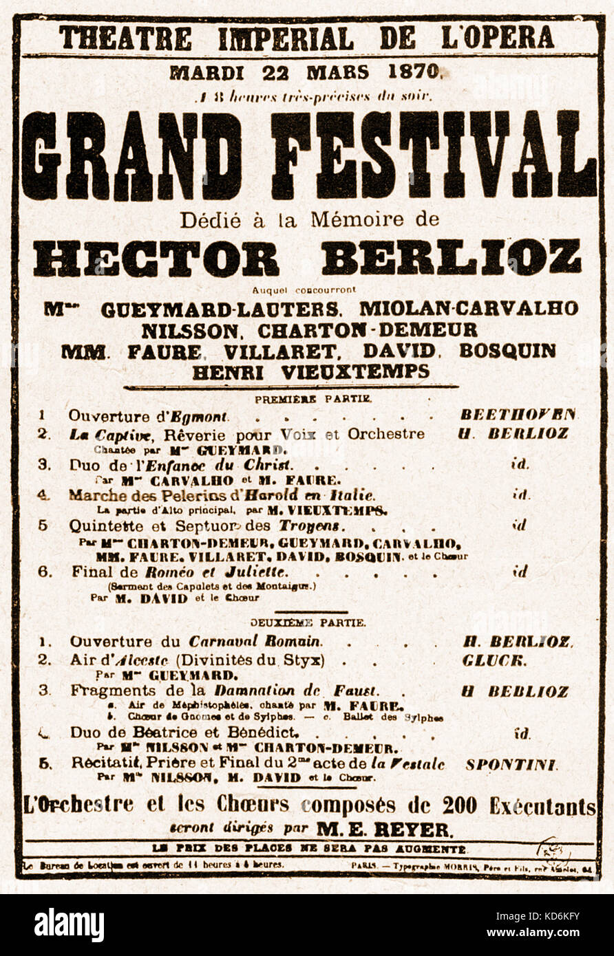 Hector Berlioz Festival at Théâtre Impérial de l'Opéra 23rd March 1870, Paris.  Work by Gluck, Beethoven and Berlioz. Flyer or playbill advertising the performance.  Conducted by Reyer.  Paris. Stock Photo