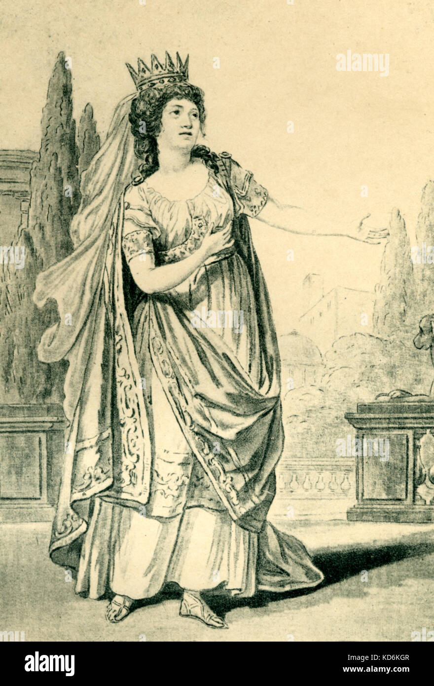 Mademoiselle St Hubert as Dido in Purcell's Dido and Aeneas.   Opera in a prologue and 3 acts.  Text by Nahlum Tate, after Book 4 of Virgil's Aeneid.  First produced either December 1689 or summer 1690 at the Josias Priest School for Young Gentlewomen.  Purcell: English composer (1659-1695).  Engraving. Stock Photo