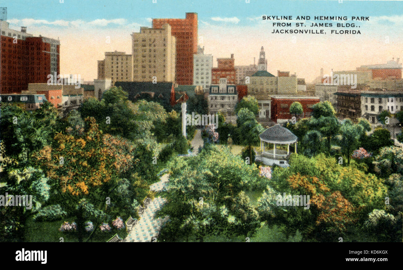 Delius lived in Jacksonville when young. Skyline and Hemming Park from St James Building, Jacksonville, Florida.   English composer (1862-1934) Stock Photo