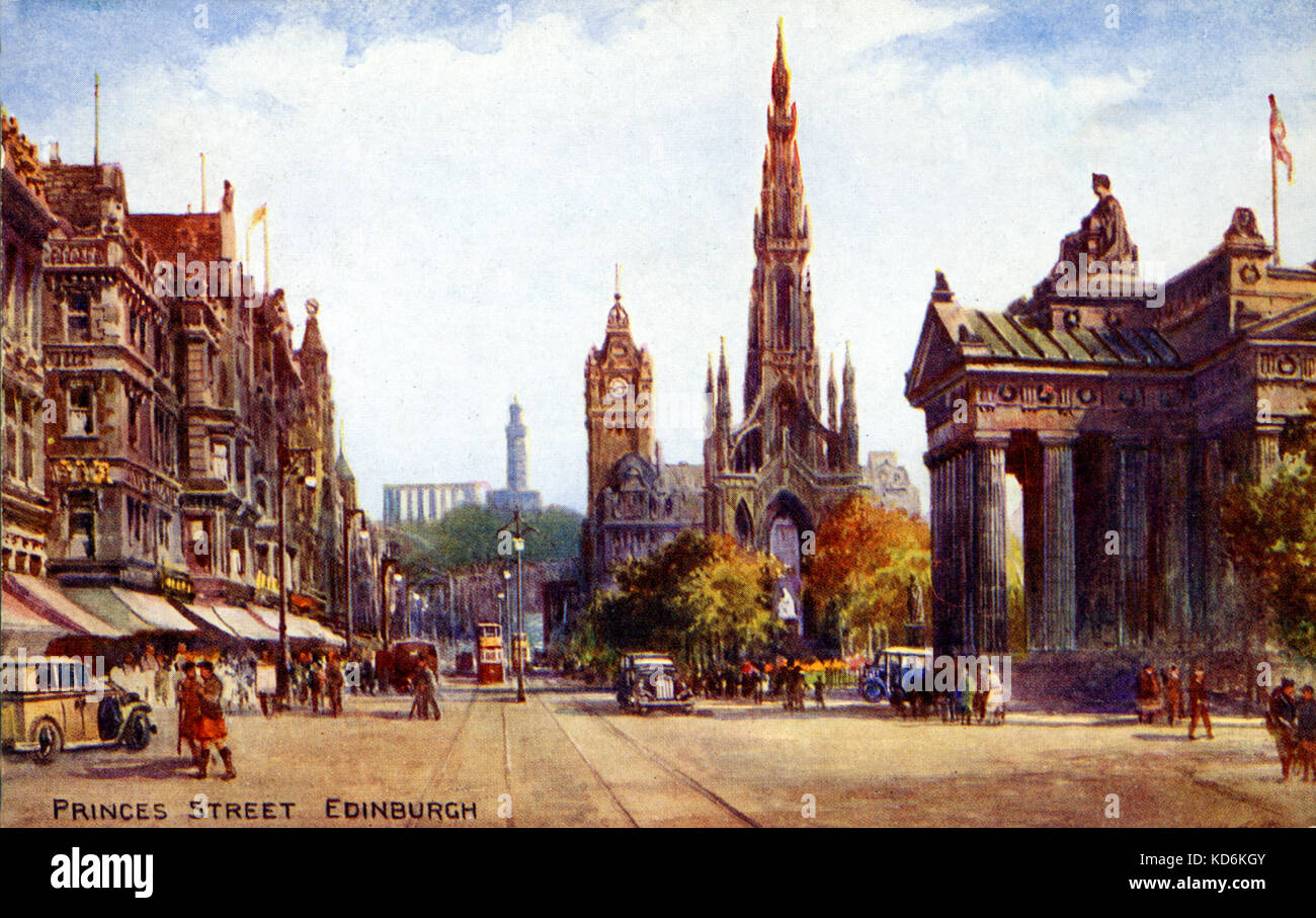 Princes Street in Edinburgh painting by Brian Gerald. C.1930s. Men