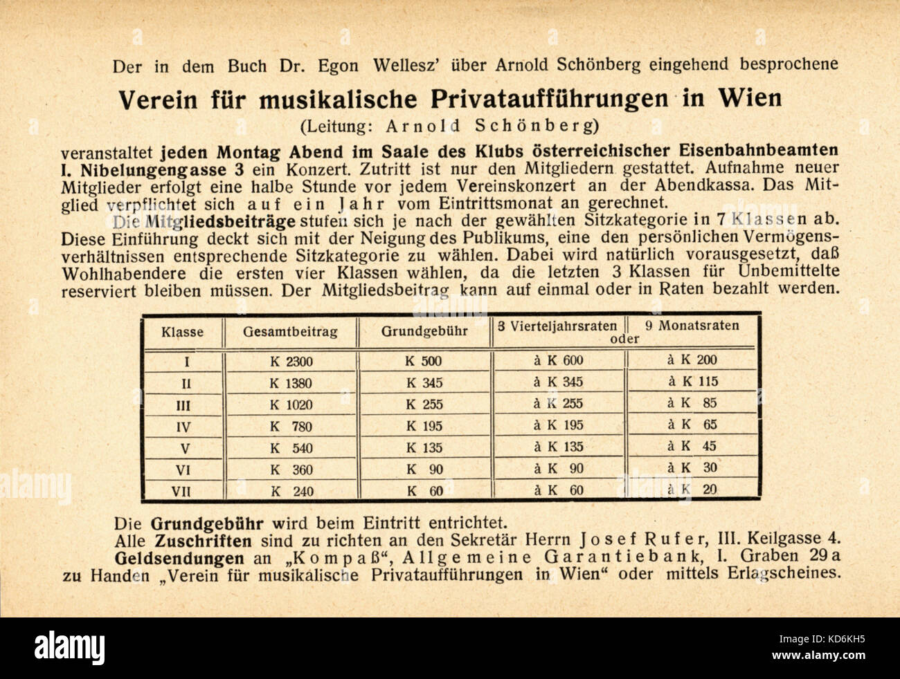 Leaflet from the Society for Private Musical Performances that Arnold Schoenberg (Schönberg) organised with Egon Wellesz ('Verein für musikalische Privataufführungen in Wien'). Subscription charges..  Austrian composer, 1874-1951. Stock Photo