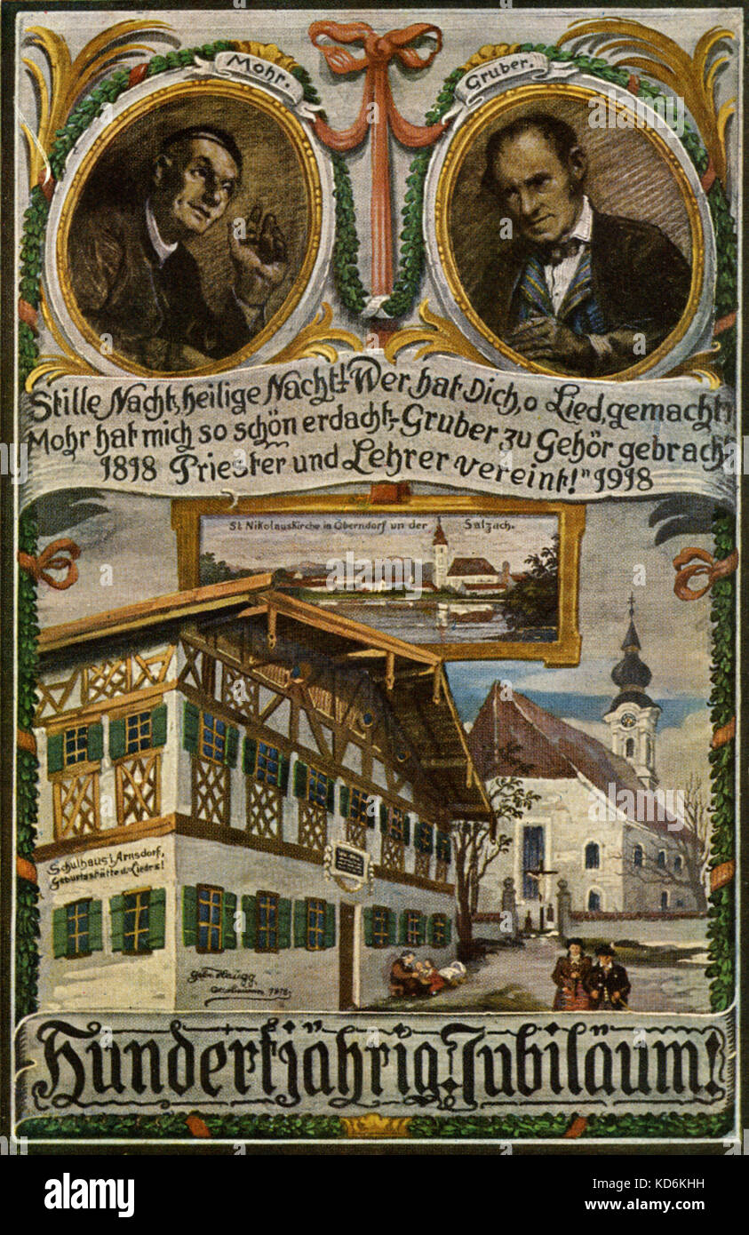 100th jubilee of first performance of Silent Night (Stille Nacht, Heilige Nacht) written by Joseph Mohr and composed by Franz Xaver Gruber. 1818-1918. Performed 24th December, 1818.  Shows Schoolhouse at Arnsdorf where he worked. Mohr 11 December 1792 - 15 December 1848.  Gruber 25 November 1787 - 7 June 1863. Stock Photo