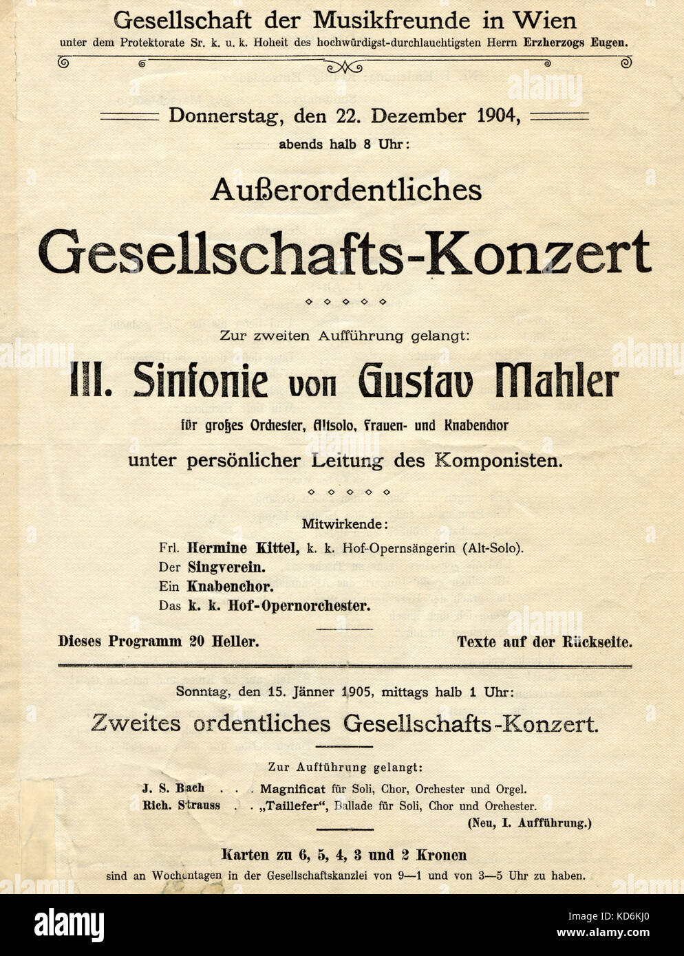 Announcement of Gustav Mahler's 3rd Symphony - 2nd premiere on 22nd December 1904 conducted by Mahler himself at Gesellschaft der Musikfreunde in Vienna.  With Hermine Kittel and Opera Orchestra. (originally premiered Krefeld 1902) Austrian composer, 1860-1911 Stock Photo