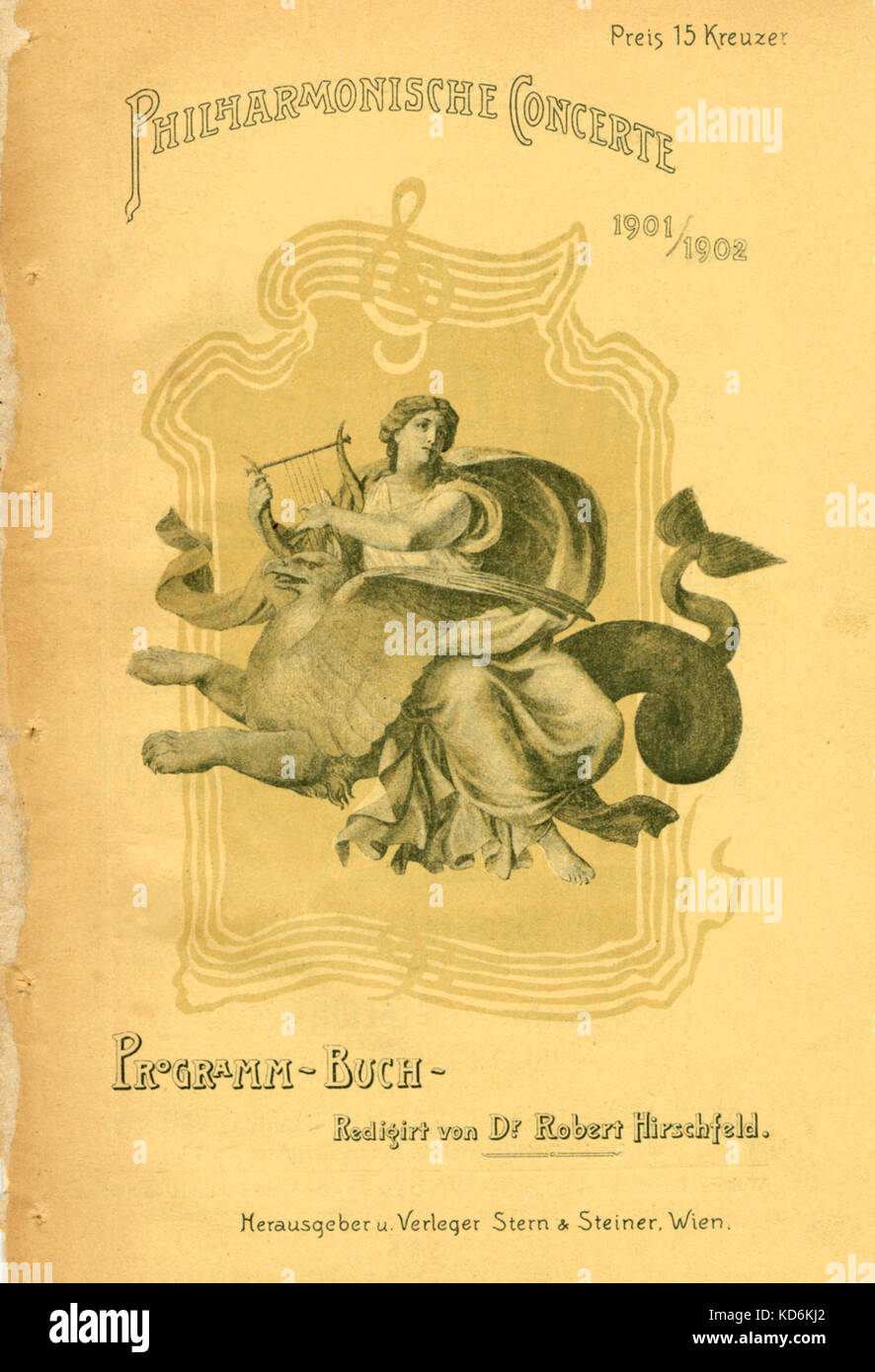 Programme cover for Philharmonische Concerte (Philharmonic Concert) in Grossen Saale of Gesellschaft der Musikfreunde, Vienna on 12th january 1902 for performance of Mahler's 4th Symphony conducted by Joseph Hellmesberger. With M. Michalek singing. Stock Photo