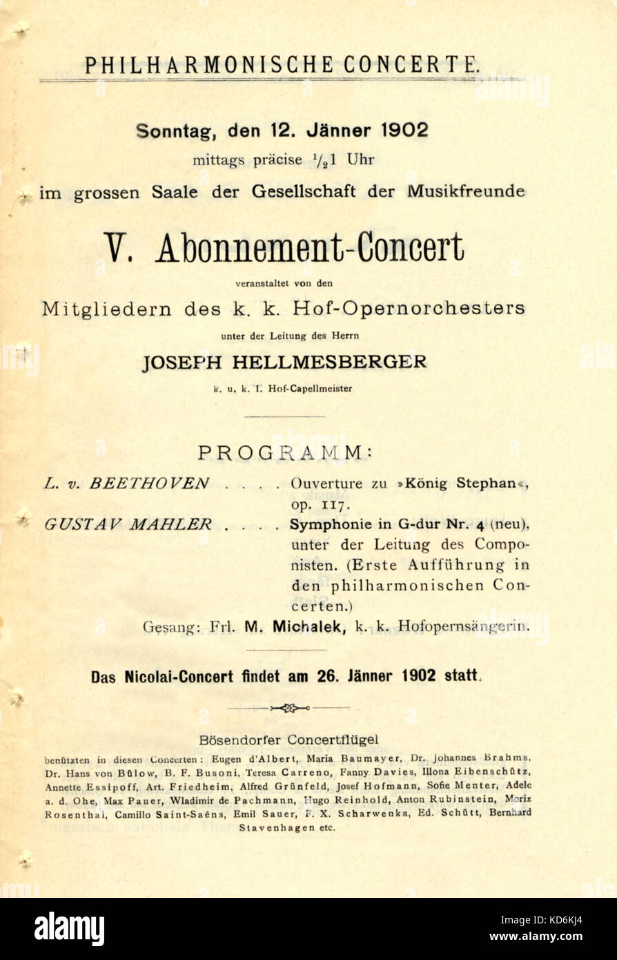 Programme cover for Philharmonische Concerte (Philharmonic Concert) in Grossen Saale of Gesellschaft der Musikfreunde, Vienna on 12th January 1902 for performance of Mahler's 4th Symphony conducted by Joseph Hellmesberger. With M. Michalek singing. Stock Photo