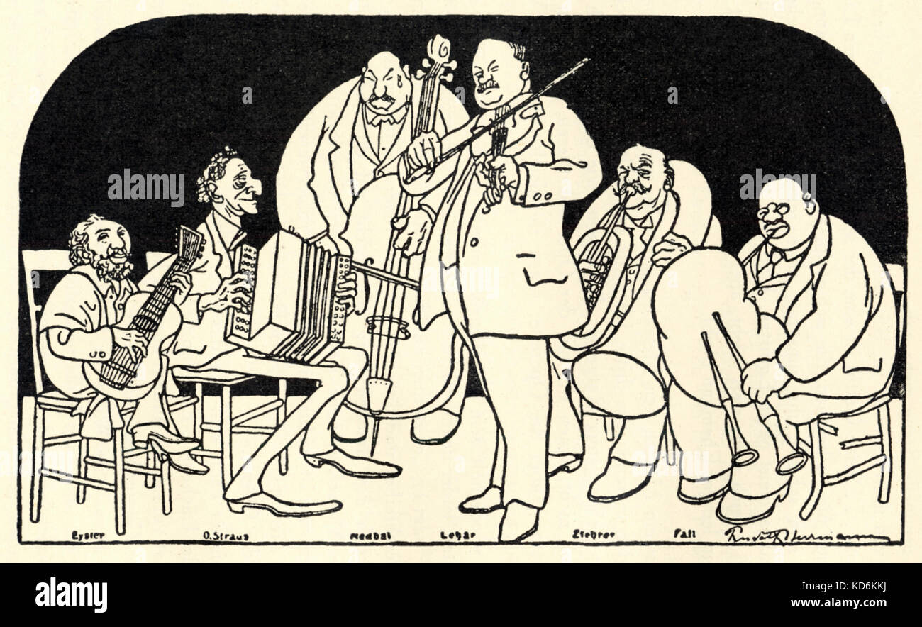 1912 Viennese caricature of ensemble led by Franz Lehar on violin Hungarian composer (1870-1948).with Eysier on guitar, Oscar Strauss on accordion, Oscar Nedbal on double bass, Ziebrev on tromobone, Leo Fall on bagpipes. Drawn by Rudolf Herrmann Stock Photo