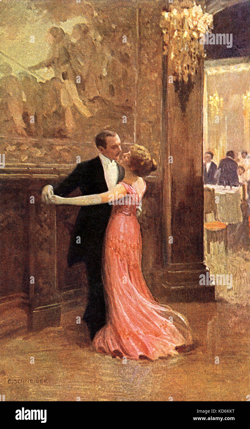 Couple dancing a waltz at a ball, early 20th century (pre-World War I). Painting by E. Schneider entitled Walzertraum (Waltz Dream). Ball room. Formal. Painted postcard. Stock Photo