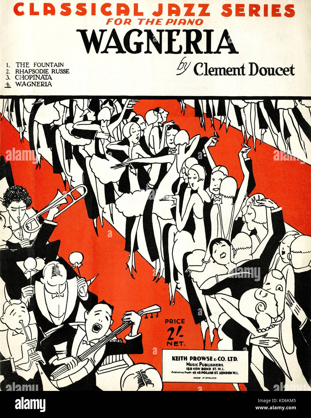 Wagneria  by Clément Doucet. Classical jazz series for the piano. Score cover. 1927.  Phantasy for piano on themes of Wagner. Illustration showing 1920's ball scene with people dancing and jazz band (ukulele, trumpet, trombone, drums). Published by Keith Prowse & Co., London, under licence of Éditions Musicales Sam Fox, Paris, 1927. Stock Photo
