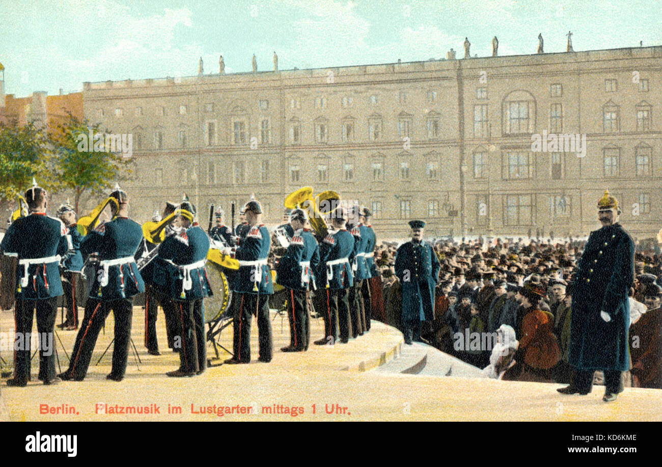Military band in pre-World War I Berlin. Brass and percussion. Early 20th century. Germany.  tinted photographic postcard. Stock Photo