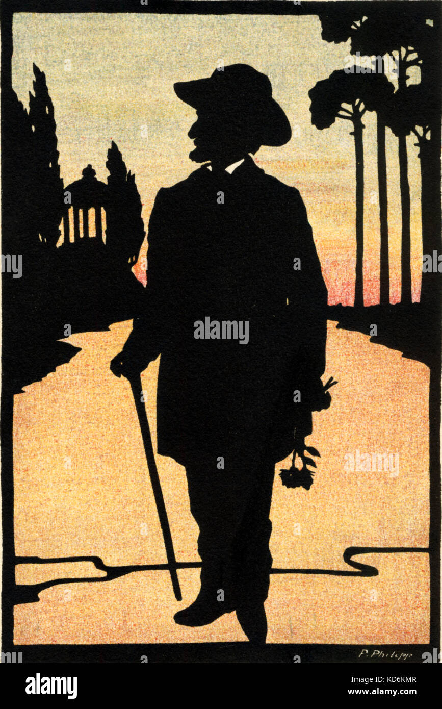 Silhouette of Verdi holding stick and rose Italian landscape in background. Illustration on postcard by F. Phillip.  Italian composer, 1813-1901. Stock Photo