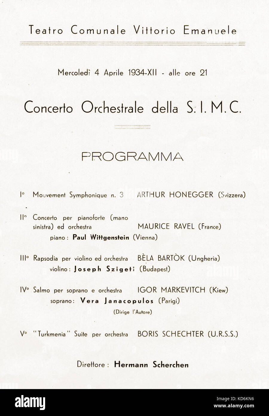 Wittgenstein performing Ravel's Piano Concerto for the Left Hand, composed  for him (Concerto pour la Main Gauche). Programme organised by the SIMC  (Société Internationale des Musiciens et Compositeurs), Wednesday 4 April  1934,