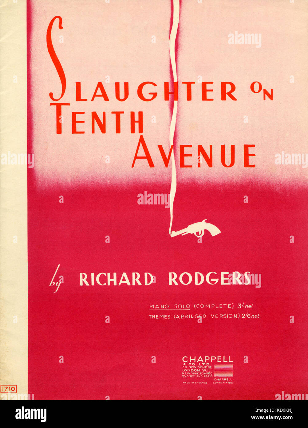 Slaughter on Tenth Avenue - musical by Richard Rodgers.  Score cover with smoking gun.  Published by Chappell in 1936.   American composer, 28 June 1902 - 30 December 1979. Stock Photo