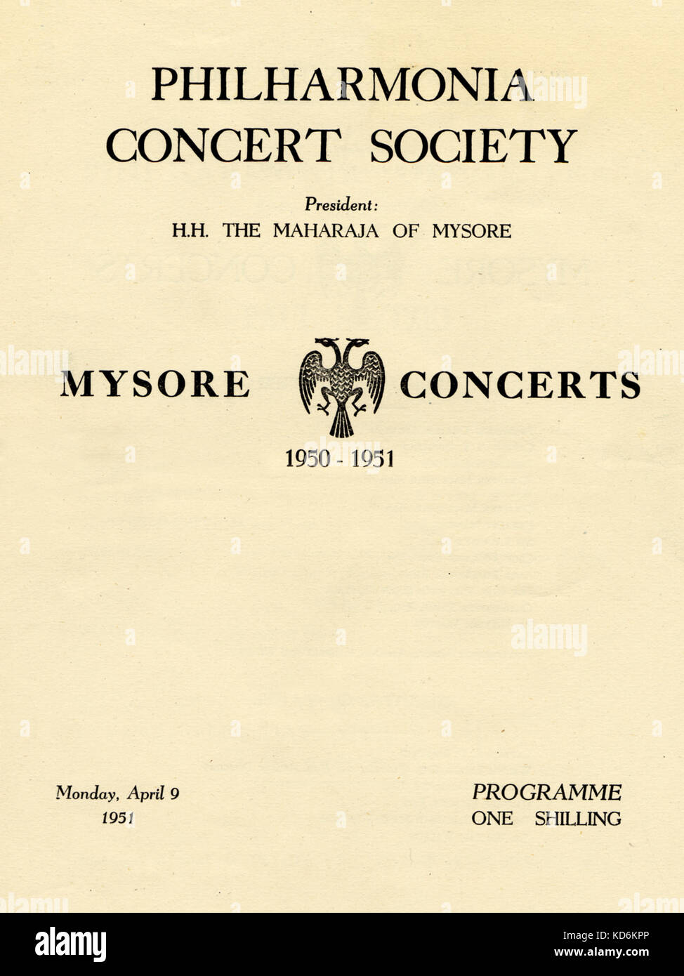 Mysore Concerts the Philharmonia Orchestra, at the Royal Albert Hall, 1950-1951 season. Philharmonia Concert Society president Maharaja of Mysore. 9 April 1951. Programme cover  Richard Strauss performance Stock Photo