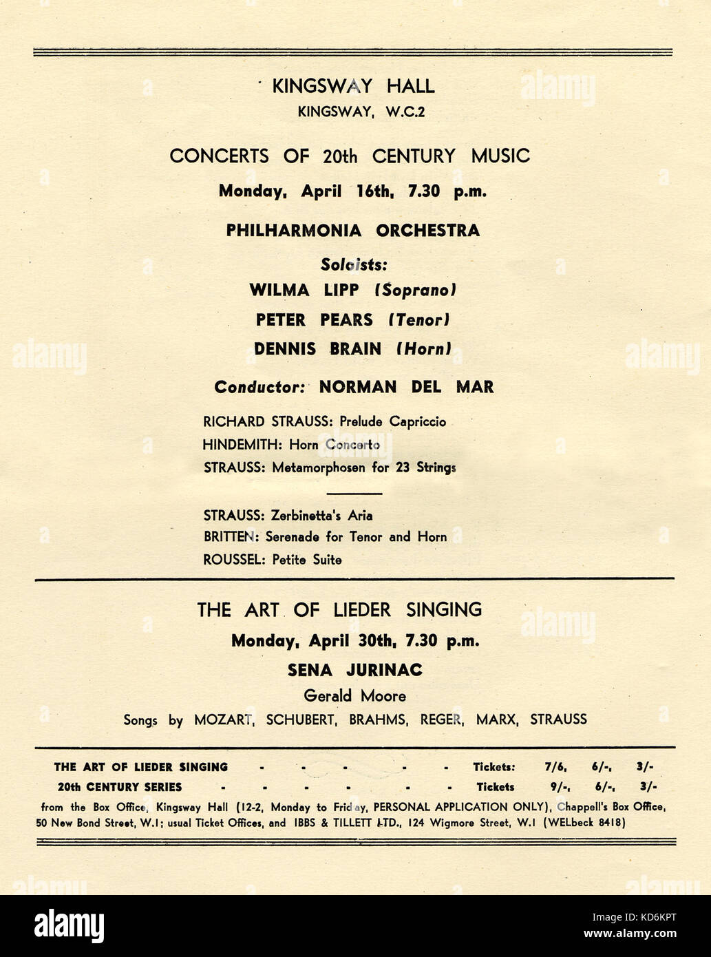 Advertisement page for concerts at the Kingsway Hall (Concerts of 20th Century Music) with the Philharmonia Orchestra, conducted by Norman Del Mar. Among pieces played, Richard  Strauss 's Prelude Capriccio and Metamorphosen for 23 Strings. Also The Art of Lieder Singing with soprano Sena Jurinac. Stock Photo